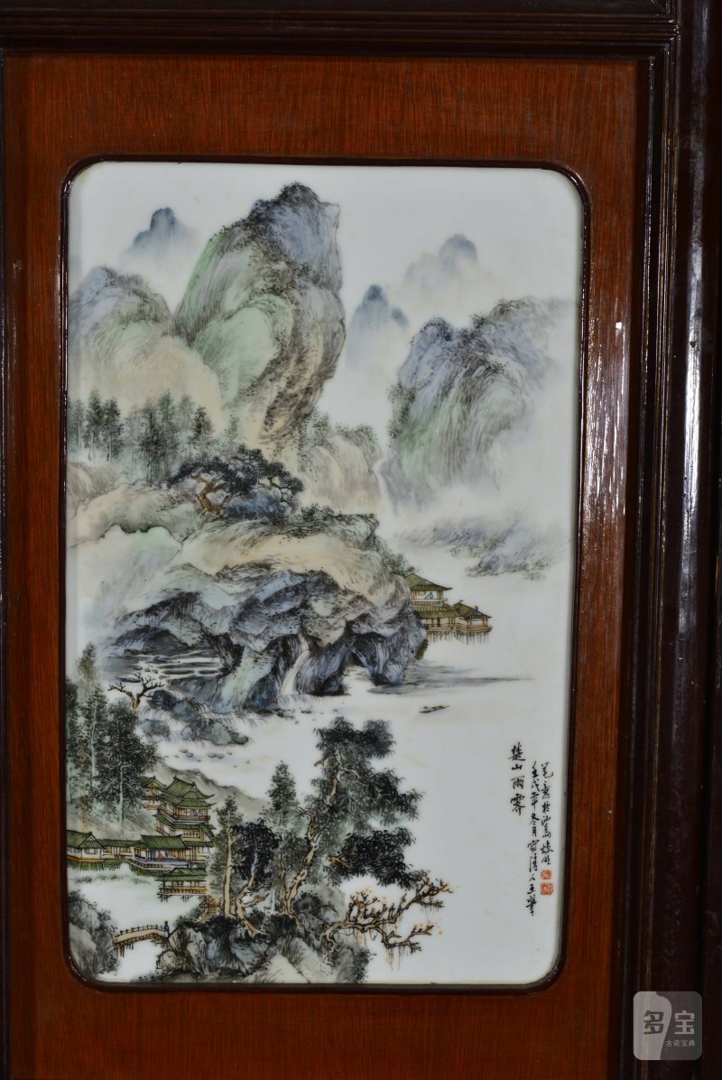 近现代 魏焕明、余少良合作双面粉彩山水人物八联落地大屏风 - 图8